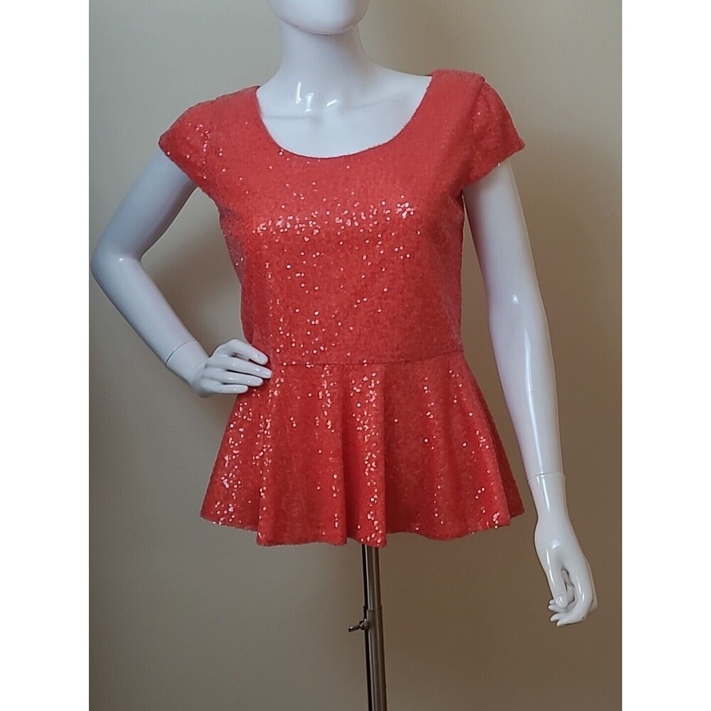 Alythea Coral Orange Sequined Peplum Short Sleeve Top Size Medium with Tags